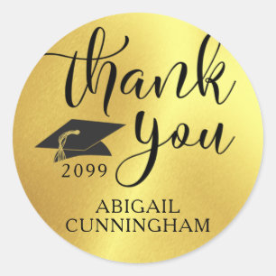 Graduation Cap Metallic Gold Script THANK YOU Classic Round Sticker