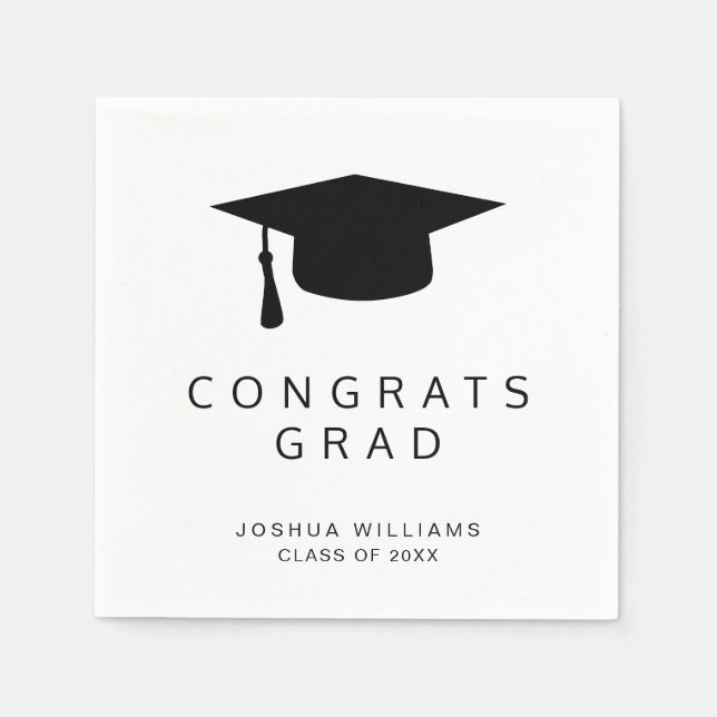 Graduation Cap Minimalist Black and White Congrats Napkin (Front)