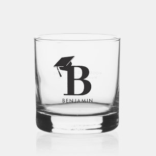 Graduation Cap Monogram Minimalist Modern Gift Whiskey Glass
