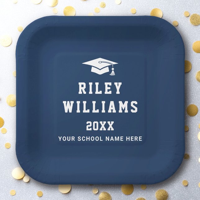 Graduation cap name college sports font dark blue paper plate (Graduation cap name college sports font dark blue paper plates)