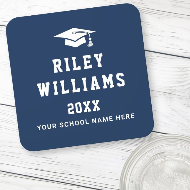 Graduation cap name college sports font dark blue square paper coaster (Graduation cap name college sports font dark blue square paper coaster)