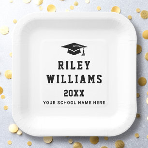 Graduation cap name year college sports font white paper plate