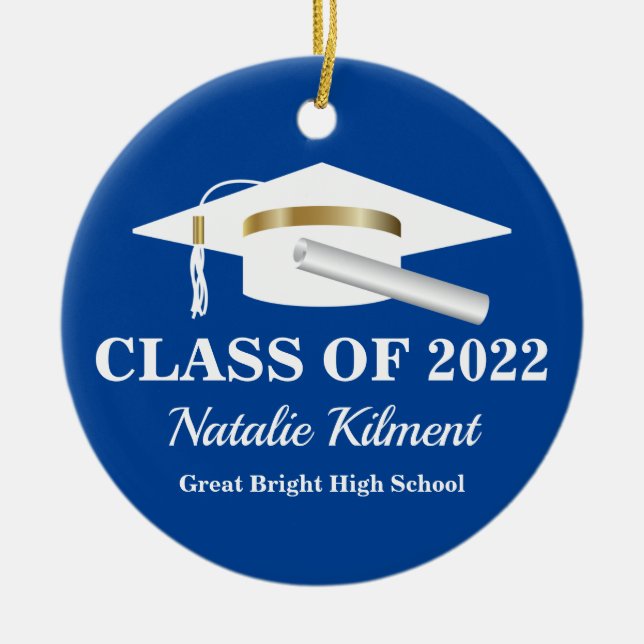 Graduation Cap Navy Blue Gold Class of 2022 Photo Ceramic Ornament (Front)