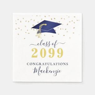 Graduation Cap Navy Blue Gold Confetti Script Napkin