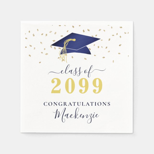 Graduation Cap Navy Blue Gold Confetti Script Napkin (Front)