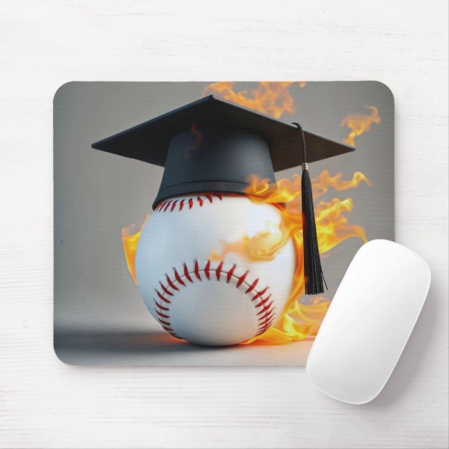 Graduation Cap On a Flaming Baseball Mouse Pad (With Mouse)