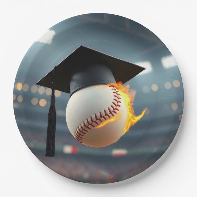 Graduation Cap On a Flaming Baseball Paper Plate (Front)