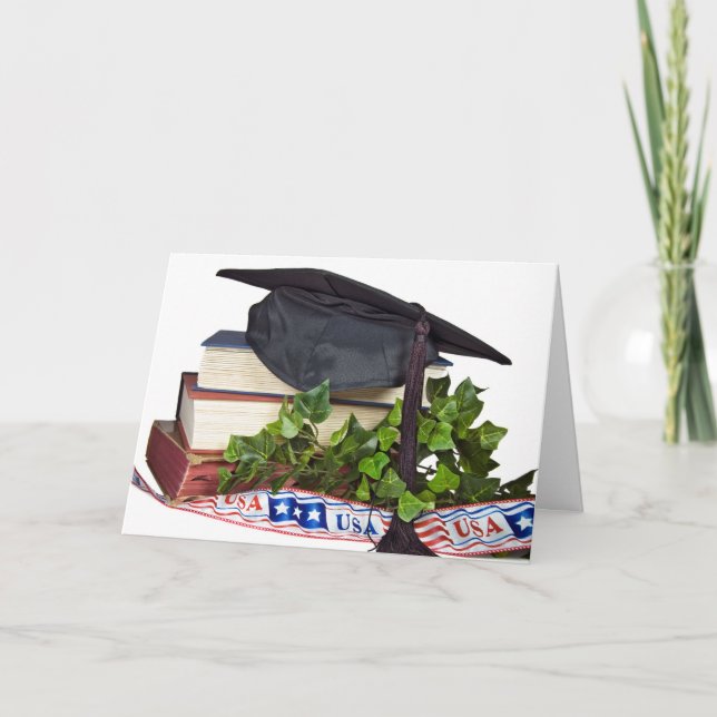 Graduation cap on books with patriotic ribbon card (Front)