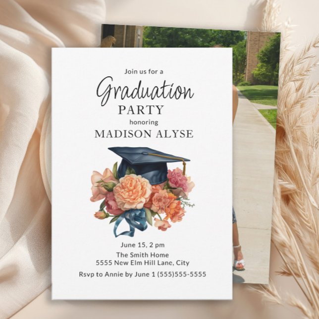 Graduation Cap Peach Floral Photo Graduation Invitation (Peach floral graduation cap photo party invitation)