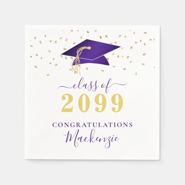 Graduation Cap Purple Gold Confetti Script Napkin (Front)
