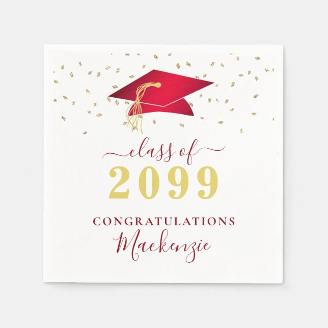 Graduation Cap Red Gold Confetti Script Napkin (Front)