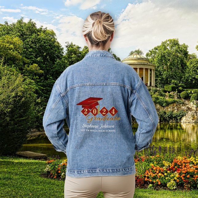 Graduation Cap Red Gold Personalised Denim Jacket (Graduation Cap Red Gold Personalized Denim Jacket)