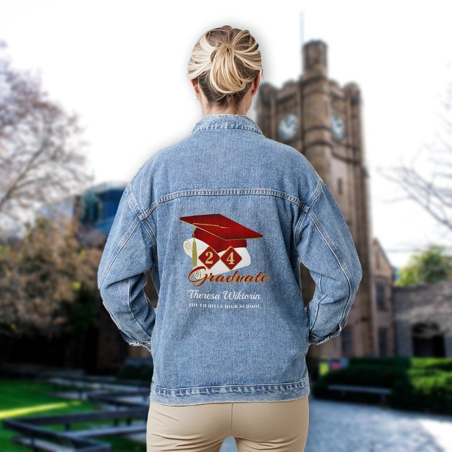 Graduation Cap Red Gold Personalised Denim Jacket (Graduation Cap Red Gold Personalized Denim Jacket)