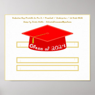 Graduation Cap Red Hat Class of 2024 White Glitter Poster