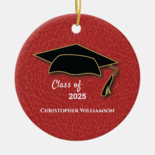 Graduation Cap Red Leather Look Ceramic Ornament