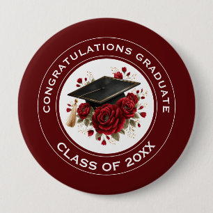Graduation Cap & Red Roses Class of 20XX 10 Cm Round Badge