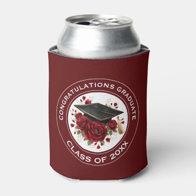 Graduation Cap & Red Roses Class of 20XX  Can Cooler (Can Front)