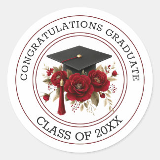 Graduation Cap & Red Roses Class of 20XX  Classic Round Sticker