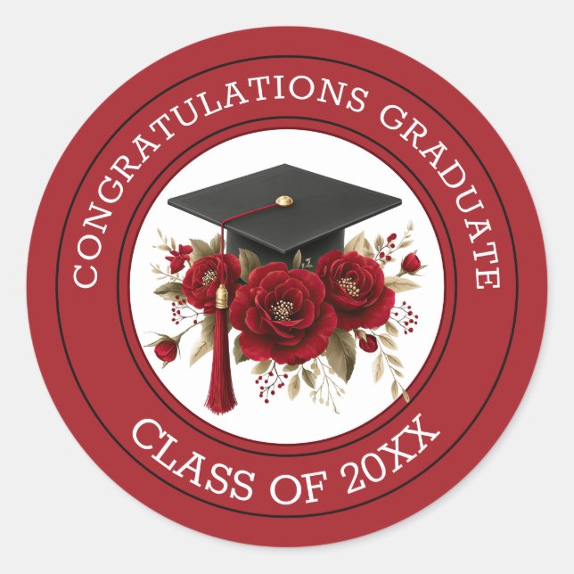 Graduation Cap & Red Roses Class of 20XX  Classic Round Sticker (Front)