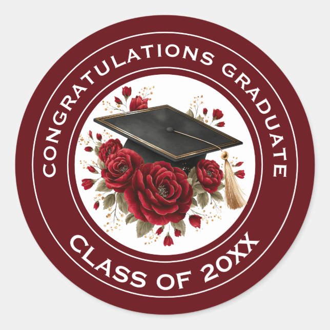 Graduation Cap & Red Roses Class of 20XX  Classic Round Sticker (Front)
