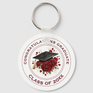 Graduation Cap & Red Roses Class of 20XX Key Ring