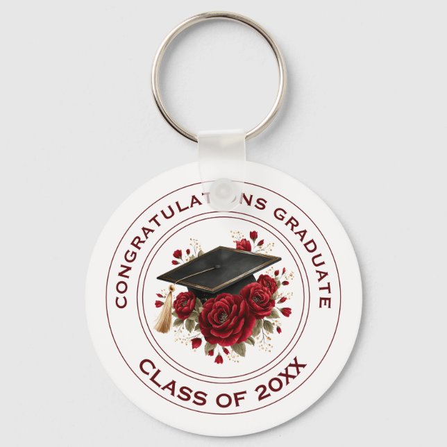 Graduation Cap & Red Roses Class of 20XX  Key Ring (Front)