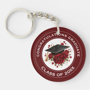 Graduation Cap & Red Roses Class of 20XX Key Ring