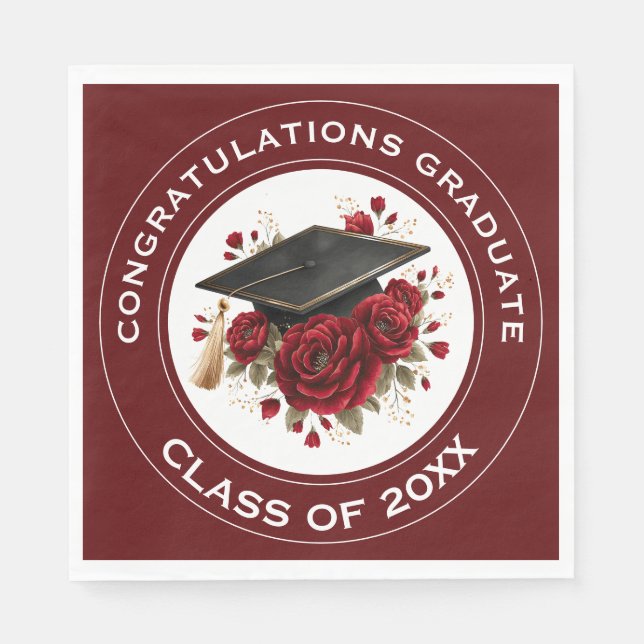 Graduation Cap & Red Roses Class of 20XX  Napkin (Front)