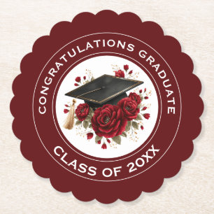 Graduation Cap & Red Roses Class of 20XX Paper Coaster
