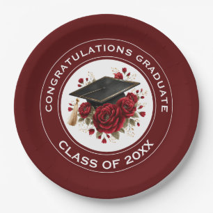 Graduation Cap & Red Roses Class of 20XX Paper Plate