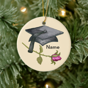 Graduation Cap Rose Ceramic Tree Decoration