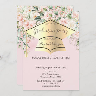 Graduation Cap,Roses Light Pink Graduation  Invitation