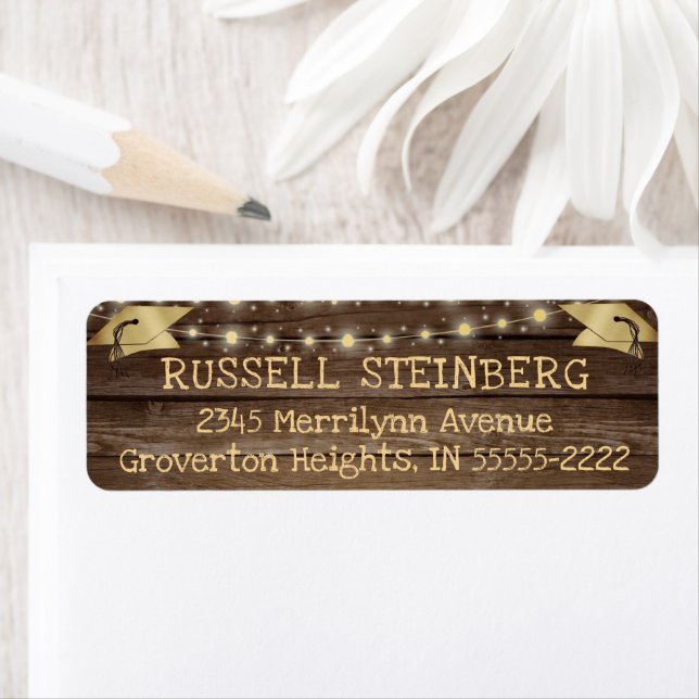 Graduation Cap Rustic Wood String Lights Return Address Label (Insitu)