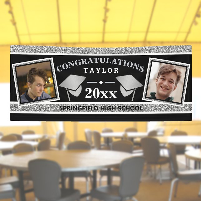 Graduation Cap Silver And Black Congratulations Banner (Creator Uploaded)