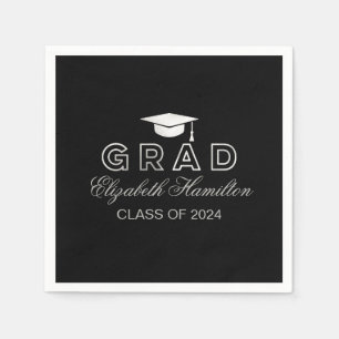 Graduation Cap Silver & Black Elegant Grad Party Napkin