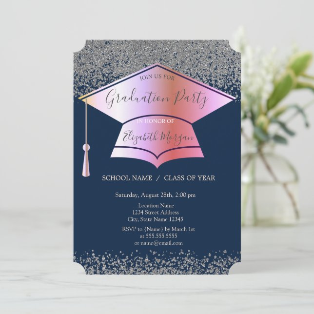 Graduation Cap,Silver Diamonds Navy Blue  Invitation (Standing Front)