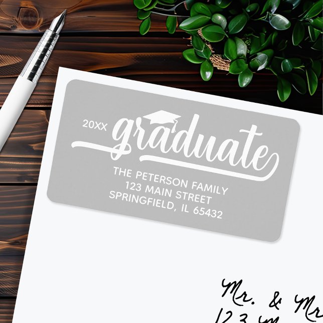 Graduation Cap Silver Return Address Label (Graduation script silver gray return address labels, 2.375" x 1.25", 18 labels per sheet)