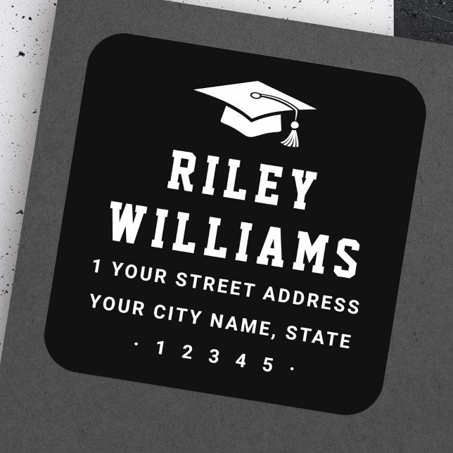 Graduation cap sports font black return address square sticker (Graduation cap sports font black return address square sticker)