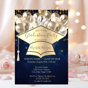 Graduation Cap,Stars Balloons,Blue Graduation  Invitation