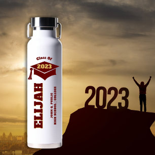 Graduation Cap - Tassel Dk Red Gold Class of 2023 Water Bottle
