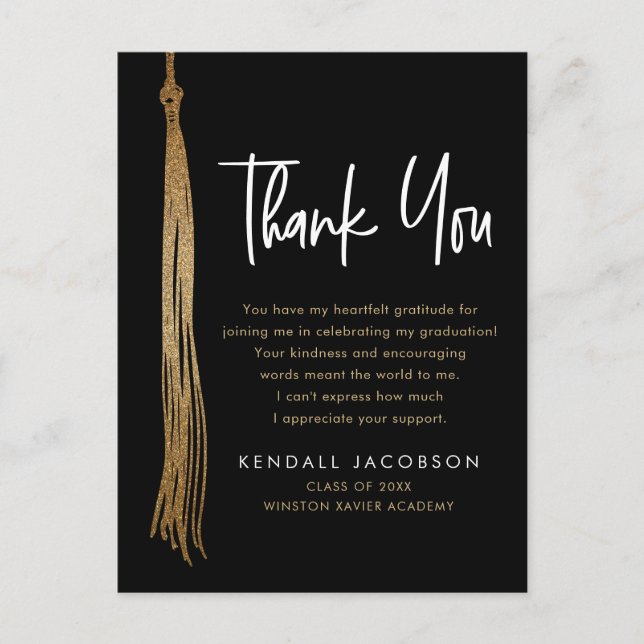 Graduation Cap Tassel Gold Black Minimalist Modern Announcement Postcard (Front)