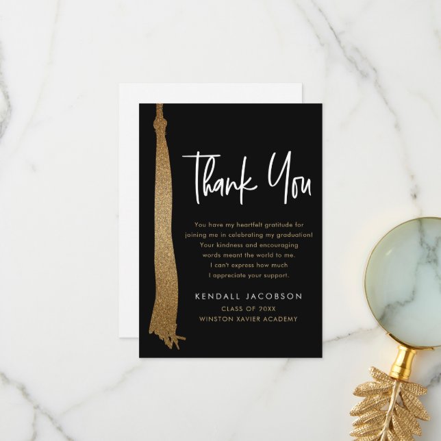 Graduation Cap Tassel Gold Black Modern Thank You Card (Front/Back In Situ)