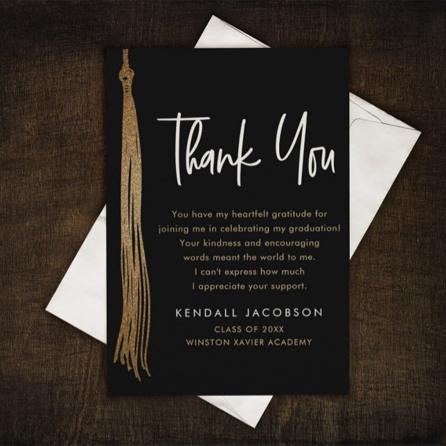 Graduation Cap Tassel Gold Black Modern Thank You Card (Elegant Grad Cap tassel gold black thank you card.)