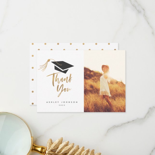 Graduation Cap Tassel Gold Foil Thank You Photo (Front/Back In Situ)