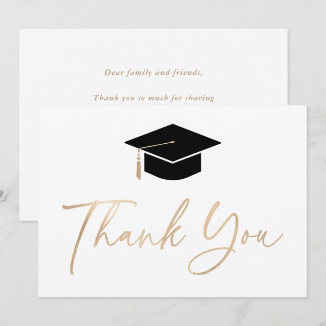 Graduation Cap Tassel Gold Modern Script Thank You Card (Front/Back)
