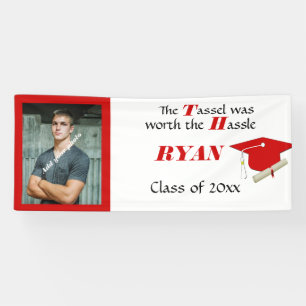 Graduation, Cap & Tassel, Red and White Banner
