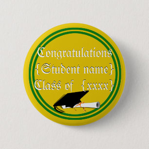 Graduation Cap Tilt School Colours Green And Gold 6 Cm Round Badge