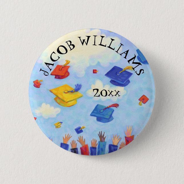 Graduation Cap Toss Add Name and Year 6 Cm Round Badge (Front)