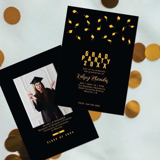 Graduation Cap Toss Black & Gold Grad Party Invitation (Creator Uploaded)
