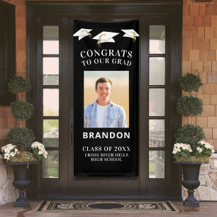 Graduation Cap Toss CONGRATS GRAD Photo Black Banner
